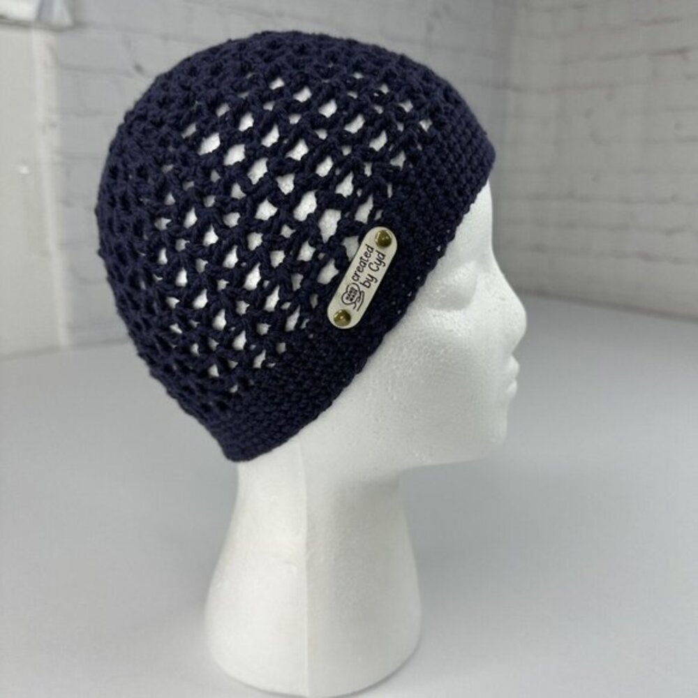 Created By Cyd Clem Navy Blue Hobbii Cotton Silk Crochet Beanie Hat Handmade New
